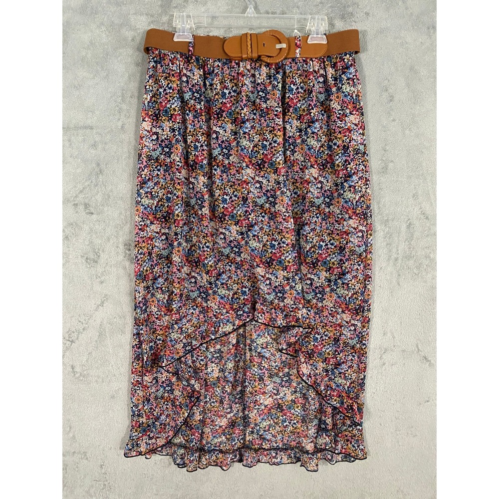 No Boundaries Belted Hi-Lo Skirt Sz XL 15-17 Multicolor Floral‎ Ruffle Country